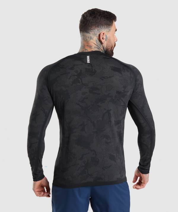 Panske Mikiny Gymshark Geo Seamless Long Sleeve Čierne Siva / Siva | CJ4056291